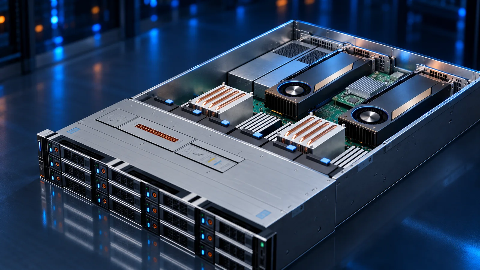 Servidor de rack aberto, com os processadores, a memória, duas GPUs e as gavetas de disco na frente