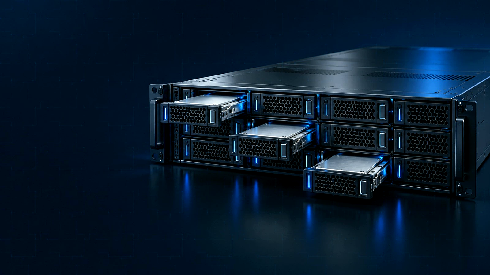 Servidor de storage com as gavetas de disco abertas na frente