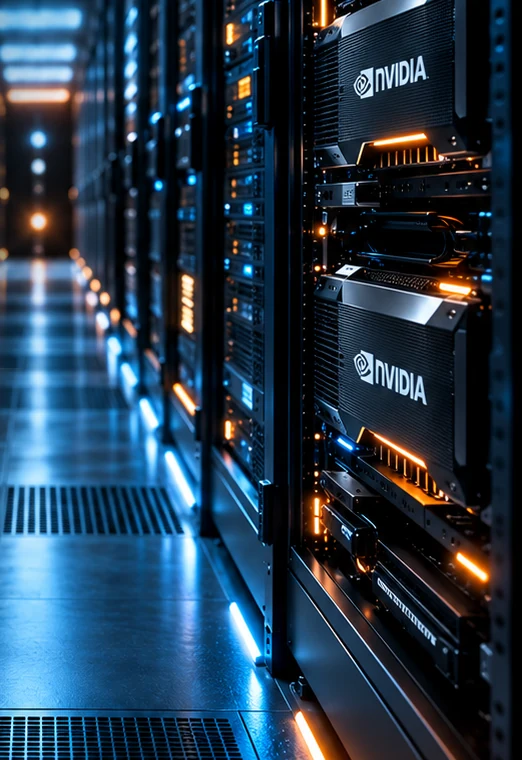 Corredor do datacenter com servidores de GPU NVIDIA montados no rack