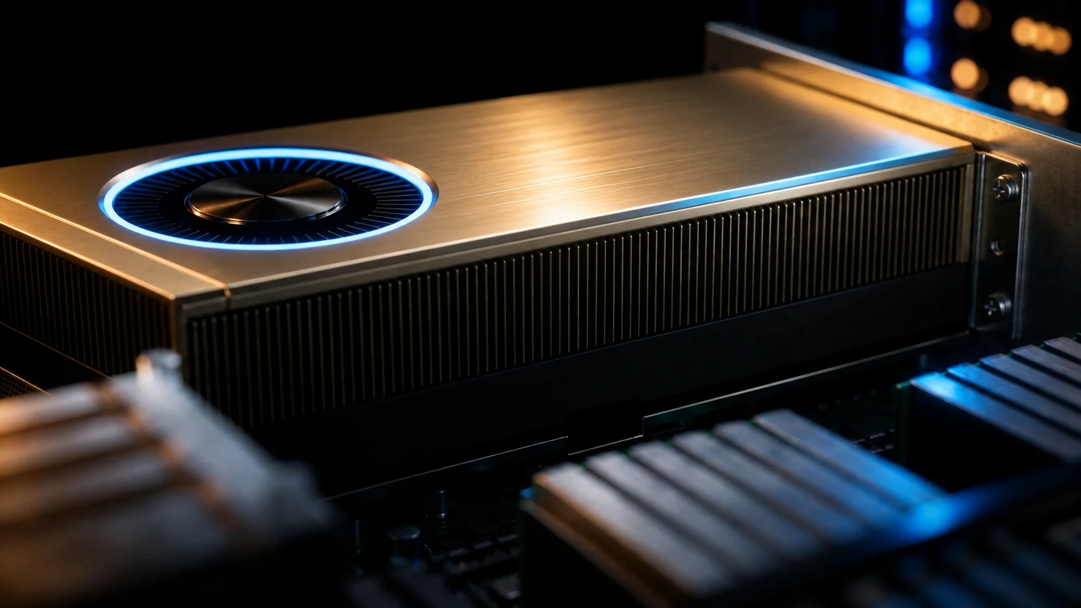 Placa de vídeo NVIDIA com ventoinha e anel de luz azul, montada no servidor
